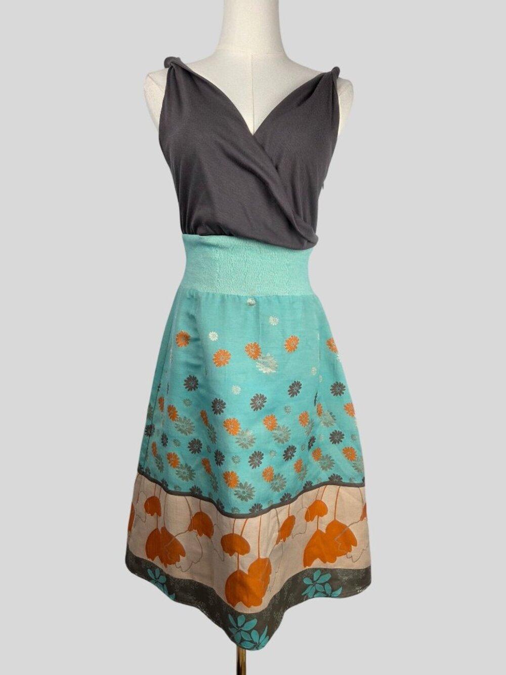 Eva Franco Anthropologie Mixed Media Floral ALine Dress Sz 8 Teal Gray Retro 60s